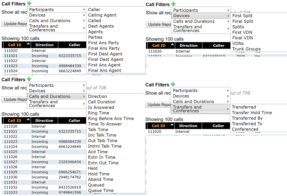 Call report filter options
